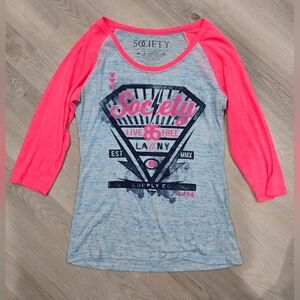 Society Womens Raglan Shirt 3/4 Sleeve Pink and Blue Size XL EUC Y2K